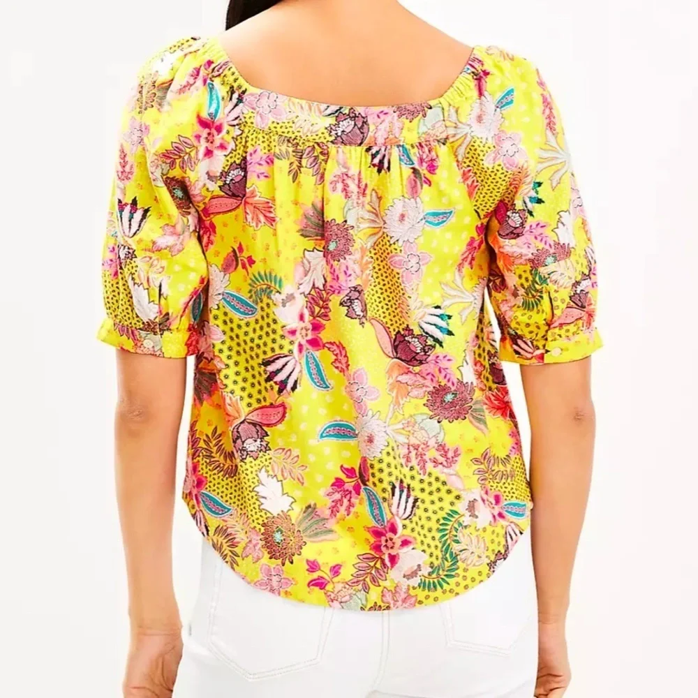 LOFT Floral Yellow floral patchwork Blouse puff sleeves linen blend top Sz‎ XL
